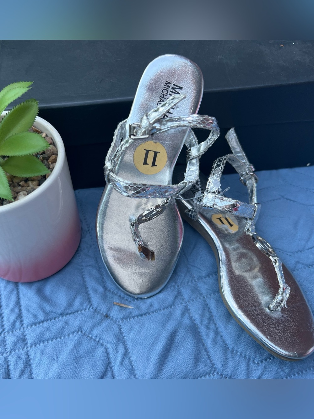 Michael Kors Metallic Silver Braided T-Strap Sandals -girls